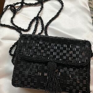 Crossbody Black beaded purse small ,front bead tassel 1/2” wide shoulder strap